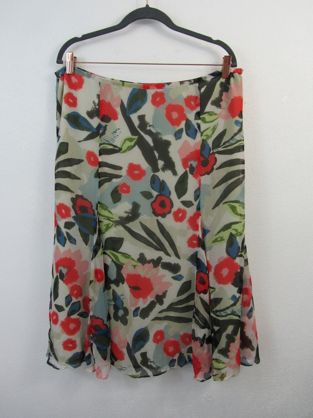 Chico's 100% Silk Multicolored Floral Printed Midi Skirt A Line Flare Ruffle